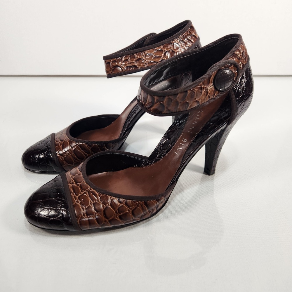 Gianni Bini Womens Two Tone Leather Croc Heels Size 9 Brown Ankle Strap